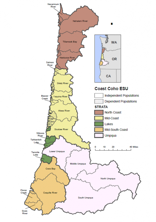 Map of Oregon Coast Coho Populations